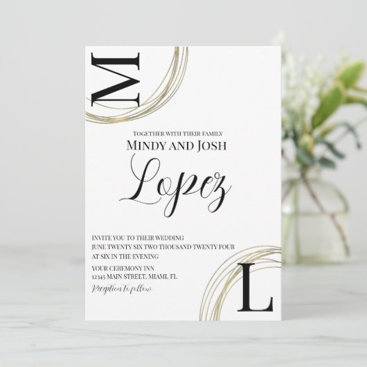 Invitation Anneaux Abstraits Faux Gold Black Script Mariage (Debout devant)