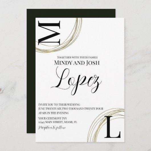 Invitation Anneaux Abstraits Faux Gold Black Script Mariage (Devant / Derrière)
