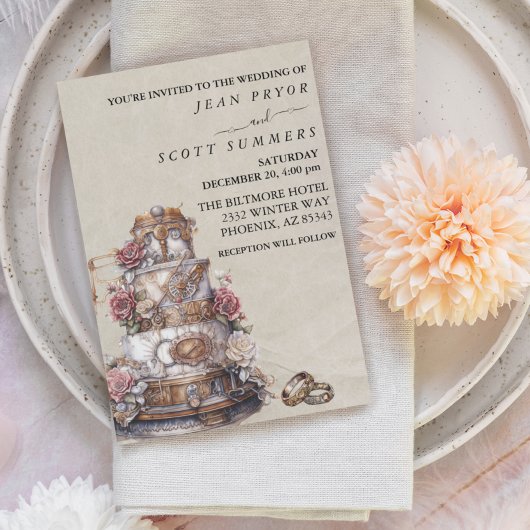 Invitation Anneaux de gâteau simples modernes Steampunk Maria