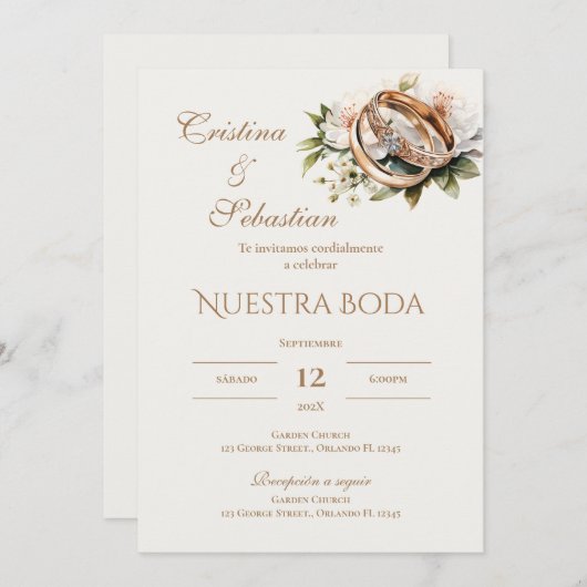 Invitation Anneaux de mariage boho en espagnol (Devant / Derrière)