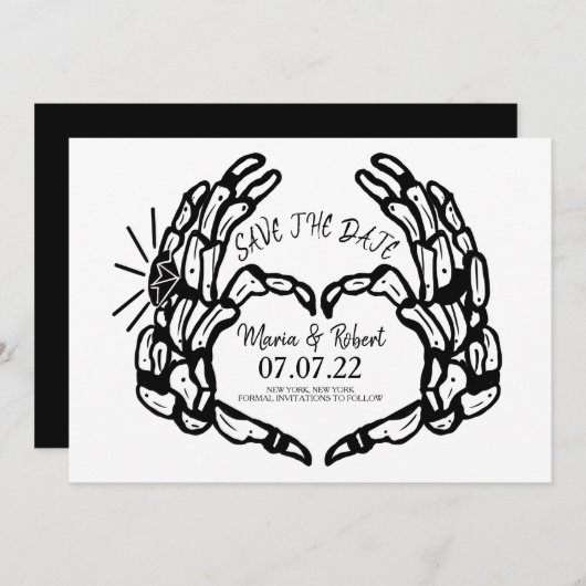 Invitation Anneaux de mariage de cœur de main de squelette no (Devant / Derrière)