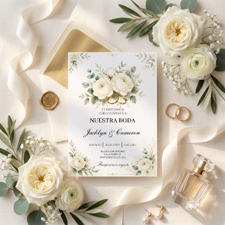Invitation Anneaux de mariage élégants blancs floraux et or