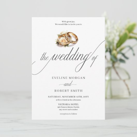 Invitation Anneaux de mariage simples en calligraphie or et r (Debout devant)