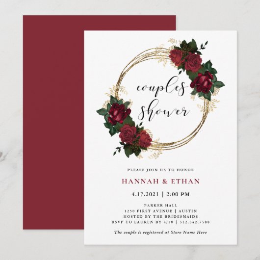Invitation Anneaux d'or et roses rouges| Douche pour couples (Devant / Derrière)