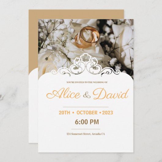 Invitation Anneaux Or Modernes Avec Dentelle Mariage Élégant (Devant / Derrière)