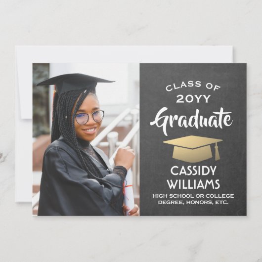 Invitation Année de classe Chalkboard Gris & Gold Graduation (Devant)