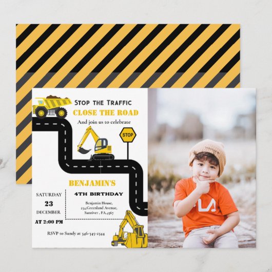 Invitation Année du thème du camion de construction (Devant / Derrière)
