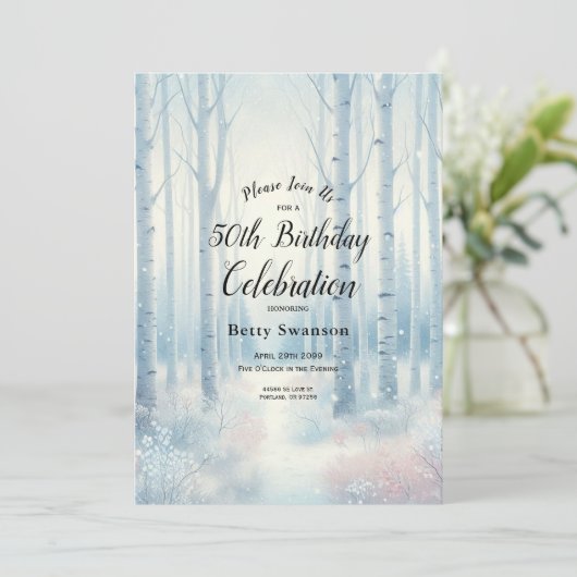 Invitation Année modifiable Frosted Blue Birch Forest Anniver (Debout devant)