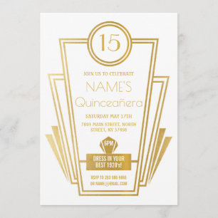Invitation Années 1920 Quinceanera Art Déco Gatsby Gold Invit