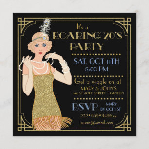 Invitation Années 20 scintillantes or Flapper Noir Rétro