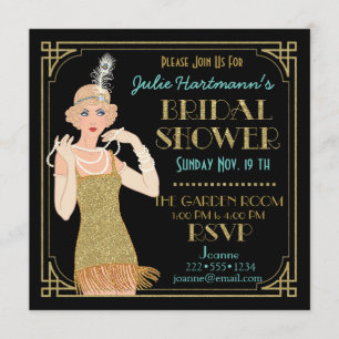 Invitation Années 20 scintillantes or Flapper Noir Rétro