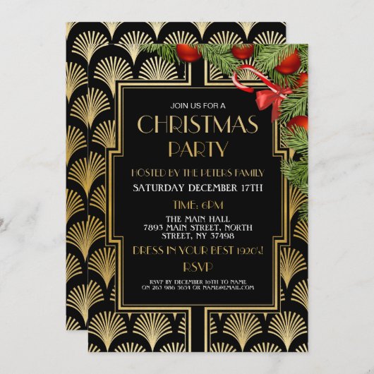 Invitation Années d'or du Gatsby Party Art déco de Noël (Devant / Derrière)