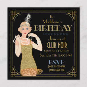 Invitation Années Folles Flapper Paillettes Or Noir Rétro