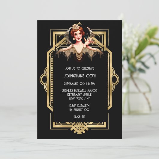 Invitation Années folles Gatsby Flapper fille noir or (Debout devant)