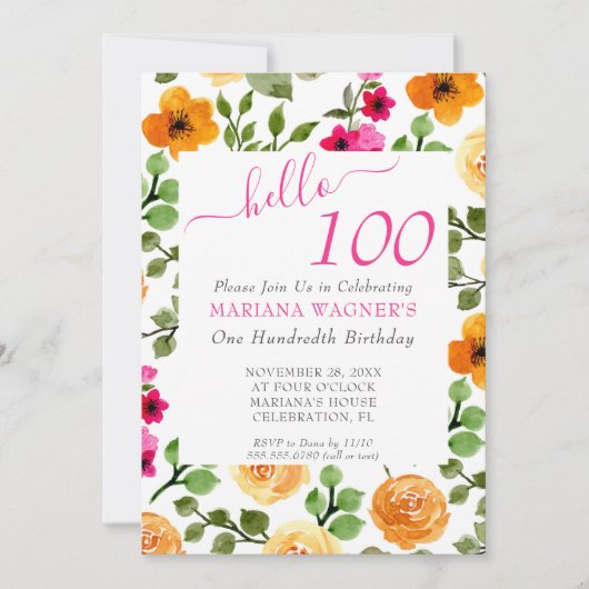 Invitation Anniversaire 100 ans écriture élégante florale ora (Devant)
