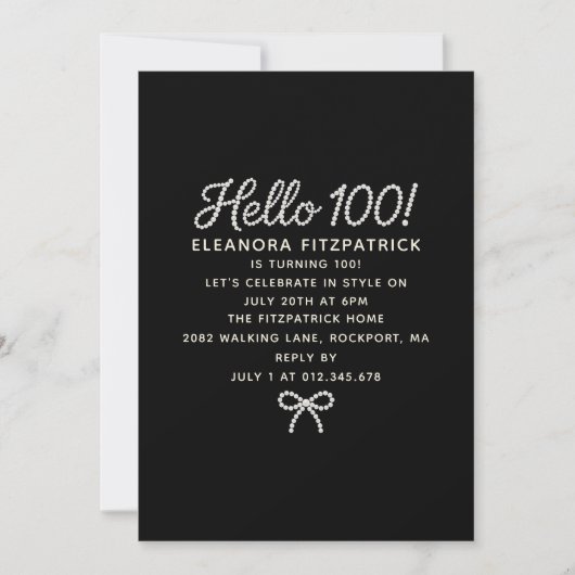 Invitation Anniversaire 100 ans Noir Blanc Écriture Perle Arc (Devant)