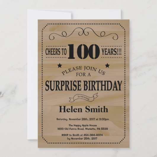 Invitation Anniversaire 100 ans rustique en bois (Devant)