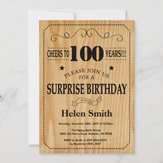 Invitation Anniversaire 100 ans rustique en bois (Devant)