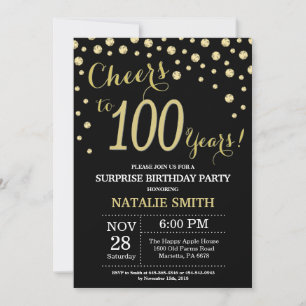 Invitation Anniversaire 100 ans surprise noir et or diamant
