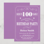 Invitation Anniversaire 100 ans Violet et Blanc (Devant / Derrière)
