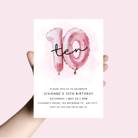 Invitation anniversaire 10 ans ballon rose