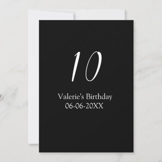 Invitation anniversaire 10 ans blanc noir nom date calligraph (Devant)
