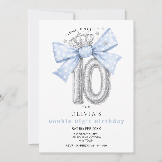 Invitation Anniversaire 10 Ans Ruban Bleu Double C (Devant)