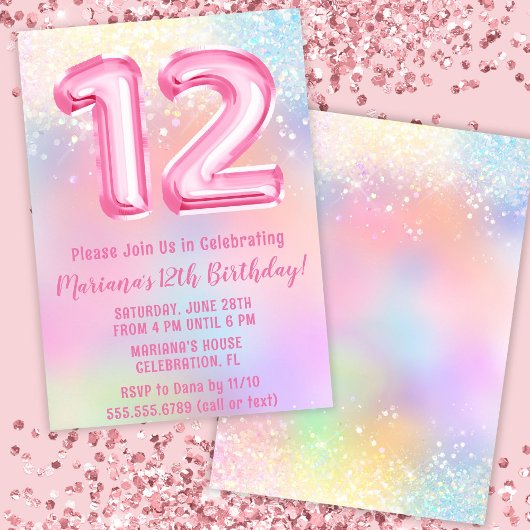 Invitation Anniversaire 12 ans Arc-en-ciel rose