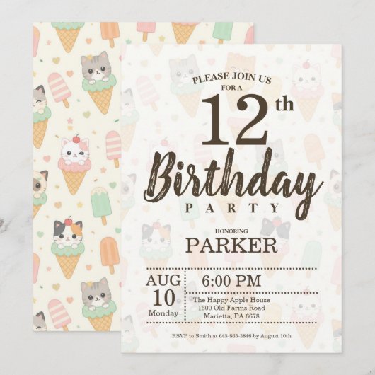 Invitation anniversaire 12 ans de fête avec glace (Devant / Derrière)