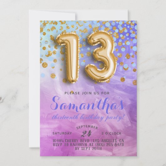 Invitation anniversaire 13 ans confettis (Devant)