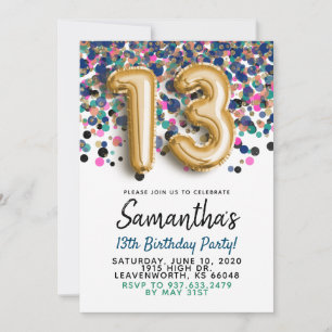 Invitation anniversaire 13 ans confettis dorés