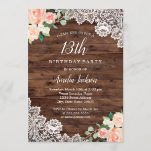 Invitation anniversaire 13 ans Fleurie Rustique Bo