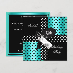 Invitation Anniversaire 13 ans pois turquoise bleu noir blanc