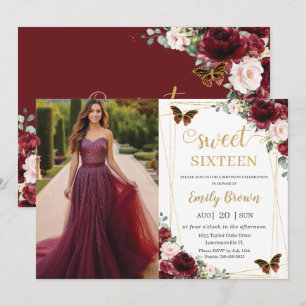 Invitation Anniversaire 16 ans Burgundy Blush Floral Papillon