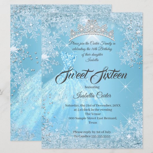 Invitation Anniversaire 16 ans Cendrillon Flocon de neige ble (Devant / Derrière)