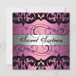 Invitation anniversaire 16 ans douce damas rose et