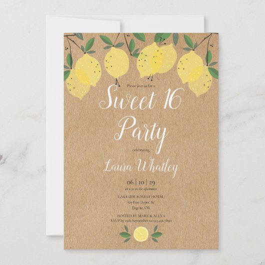 Invitation Anniversaire 16 ans Fête Lemons Rustique Douce (Devant)