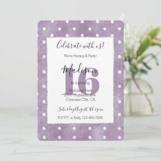 Invitation Anniversaire 16 Ans Fille Rose Blanc Points (Debout devant)