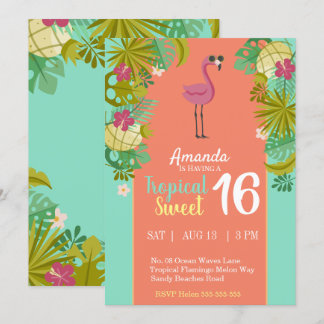 Invitation Anniversaire 16 ans Flamant Luau Palmier Plage