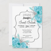 Invitation anniversaire 16 ans Fleur Glitter Blue (Devant)