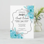 Invitation anniversaire 16 ans Fleur Glitter Blue (Debout devant)
