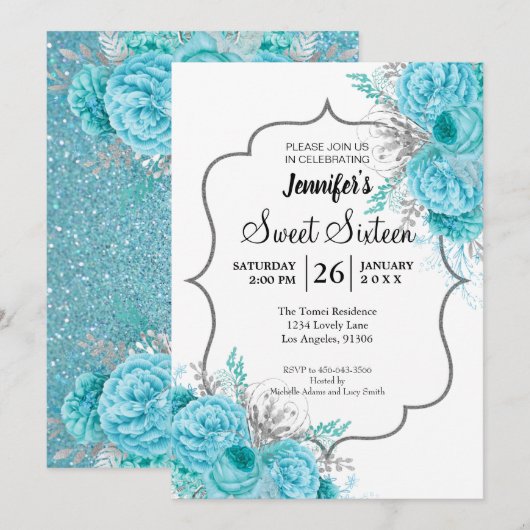 Invitation anniversaire 16 ans Fleur Glitter Blue (Devant / Derrière)