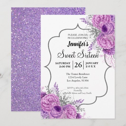 Invitation anniversaire 16 ans Fleur violette Pail (Devant / Derrière)