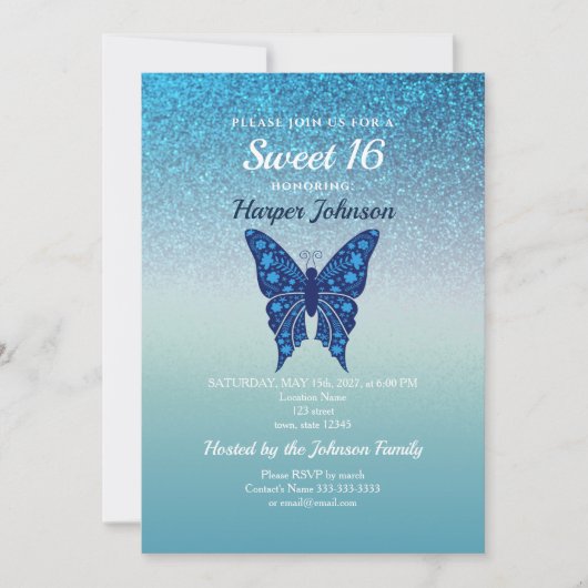 Invitation anniversaire 16 ans Glitter Blue (Devant)