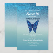 Invitation anniversaire 16 ans Glitter Blue (Devant / Derrière)