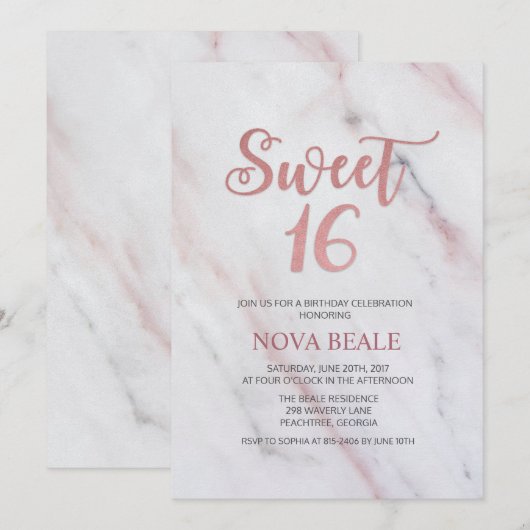 Invitation anniversaire 16 ans moderne marbre Swee (Devant / Derrière)