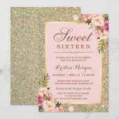 Invitation Anniversaire 16 ans | Parties scintillant florales (Devant / Derrière)