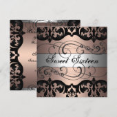 Invitation anniversaire 16 ans Peach/Silver Damask (Devant / Derrière)