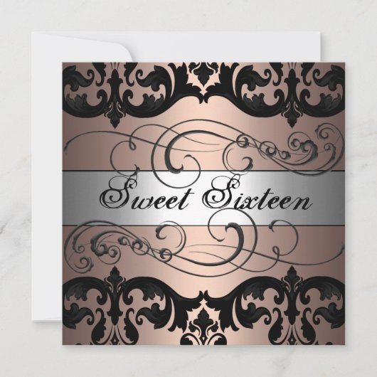 Invitation anniversaire 16 ans Peach/Silver Damask (Devant)
