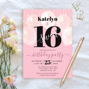 Invitation anniversaire 16 ans rose girly glam bal